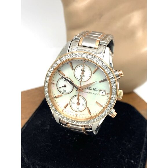 Seiko Women's Watch SNDY18 Quartz Mother of Pearl Dial Chronograph Two Tone 34mm - Picture 1 of 14